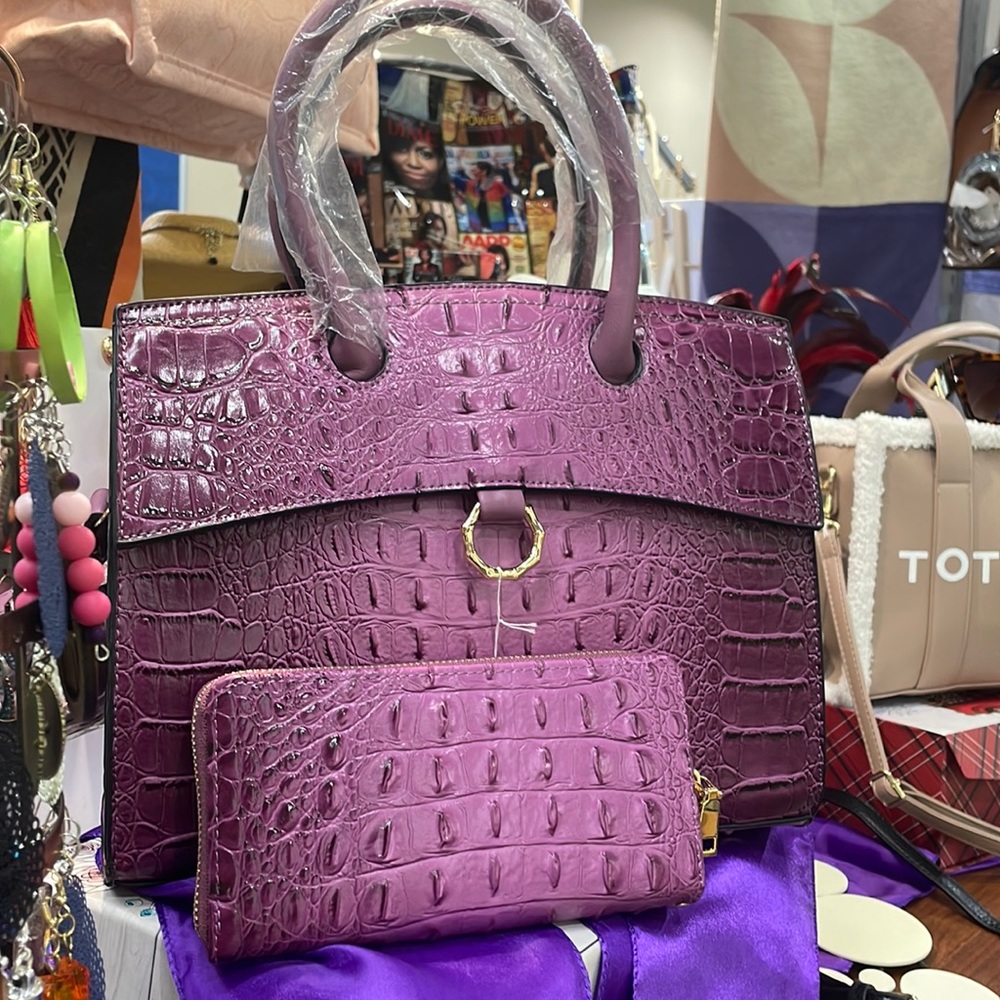Purple Croc Satchel Handbag Set